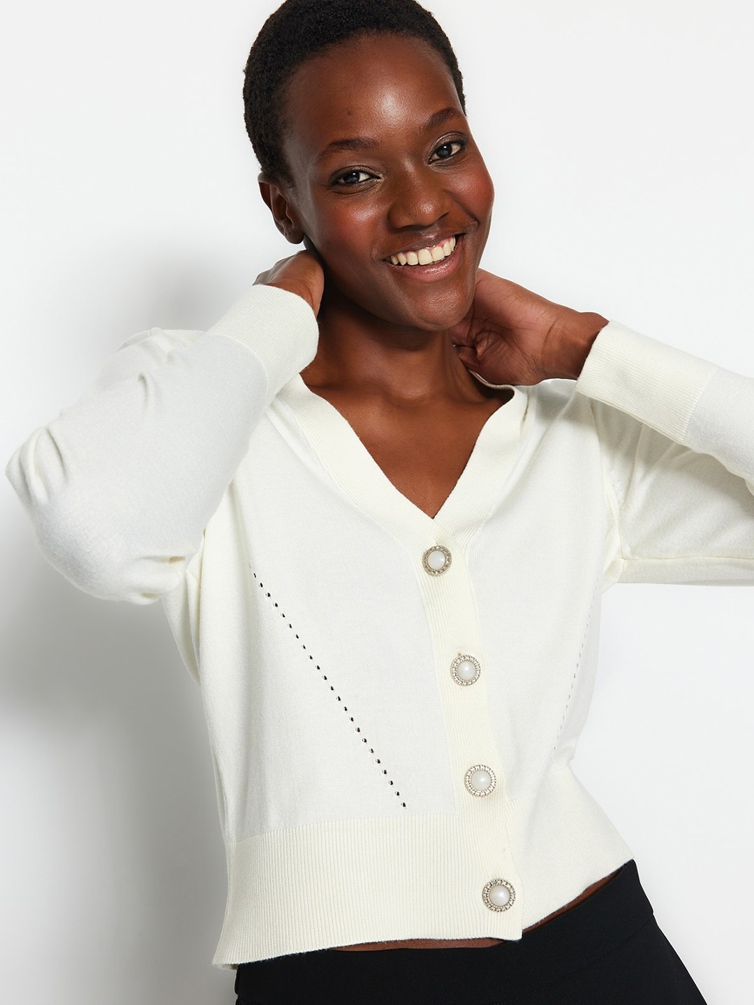 

Trendyol Open Knit V-Neck Cardigan, Off white