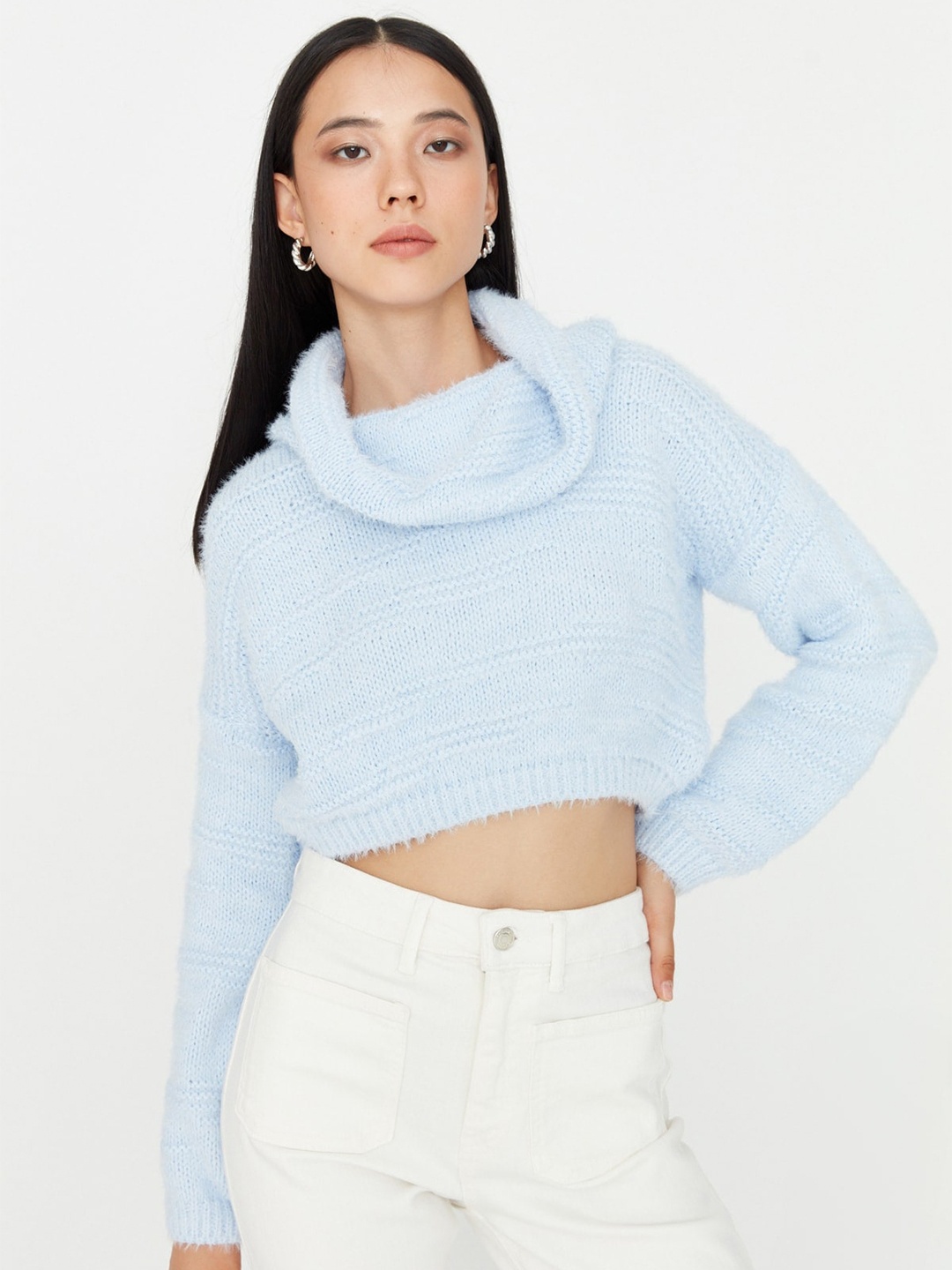 

Trendyol Ribbed Acrylic Turtle Neck Crop Pullover Sweaters, Blue