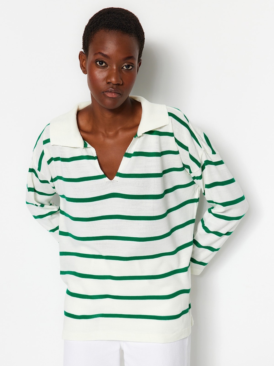 

Trendyol Striped Shirt Collar Acrylic Pullover, Green