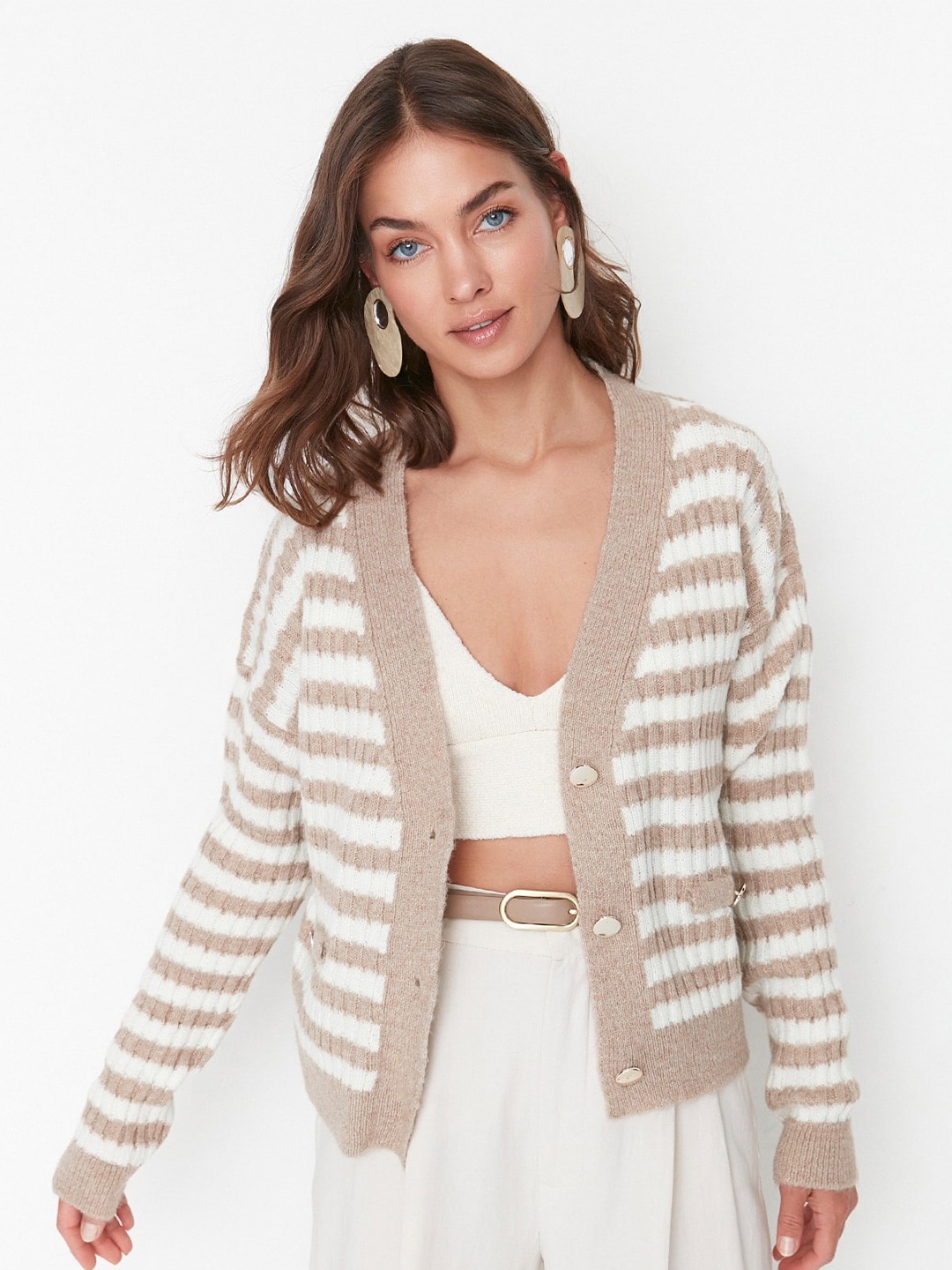 

Trendyol Striped Acrylic V-Neck Cardigan, Brown