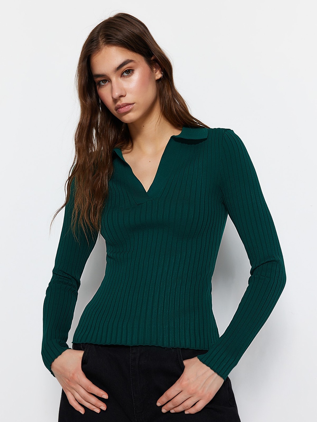 

Trendyol Striped Shirt Collar Fitted Top, Green