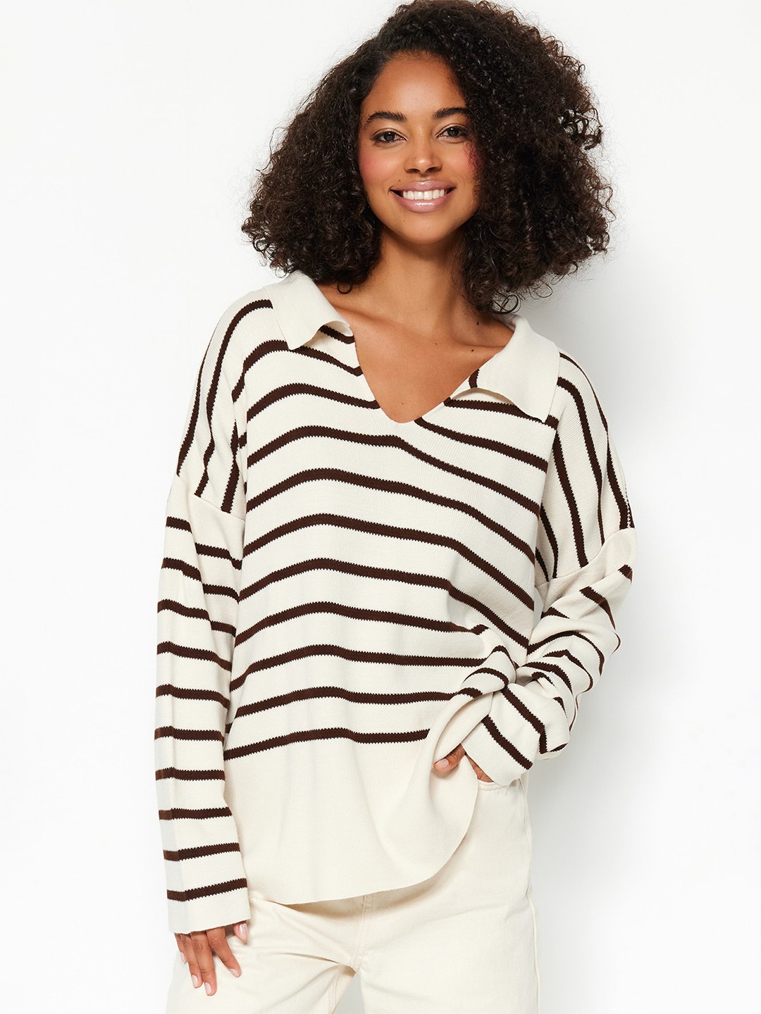 

Trendyol Striped Shirt Collar Acrylic Pullover, White