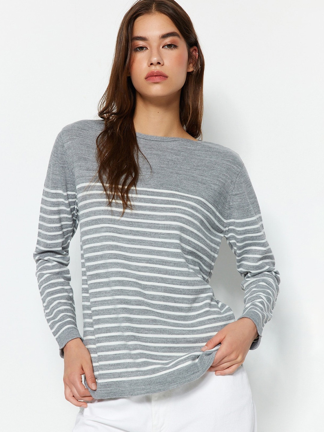 

Trendyol Striped Acrylic Pullover Sweater, Grey