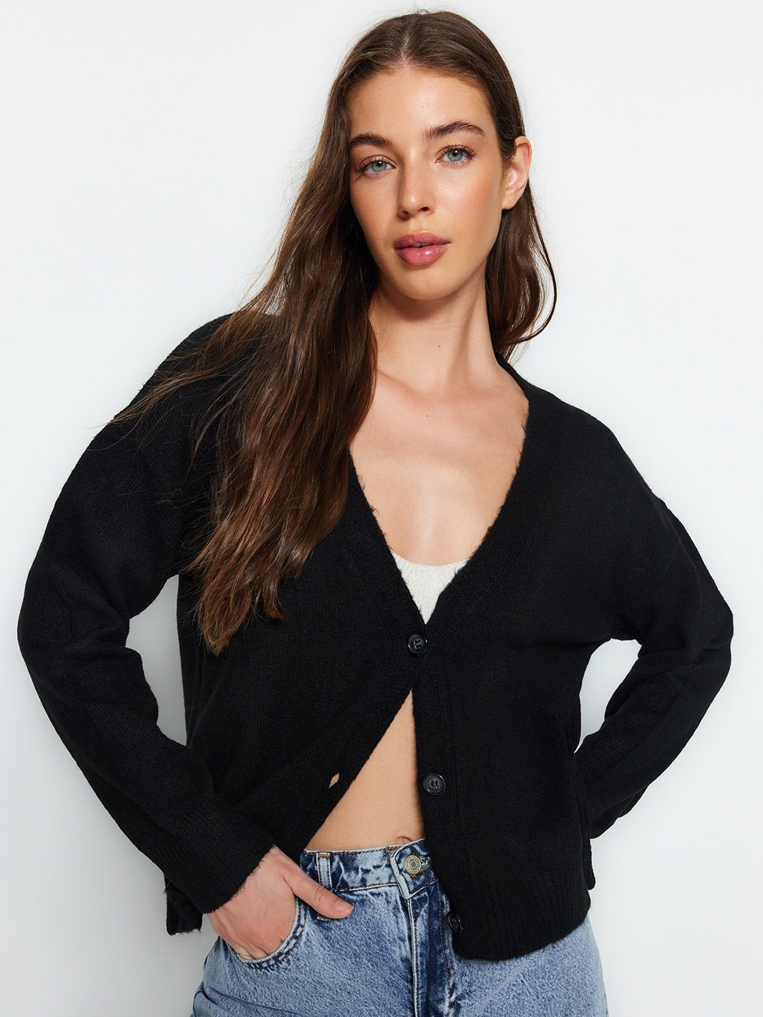 

Trendyol V-Neck Acrylic Cardigan Sweater, Black