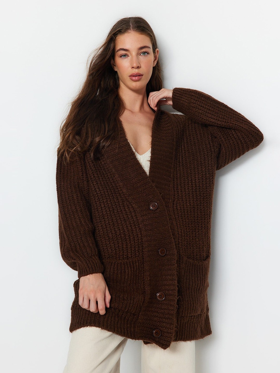 

Trendyol V-Neck Ribbed Longline Cardigan, Brown
