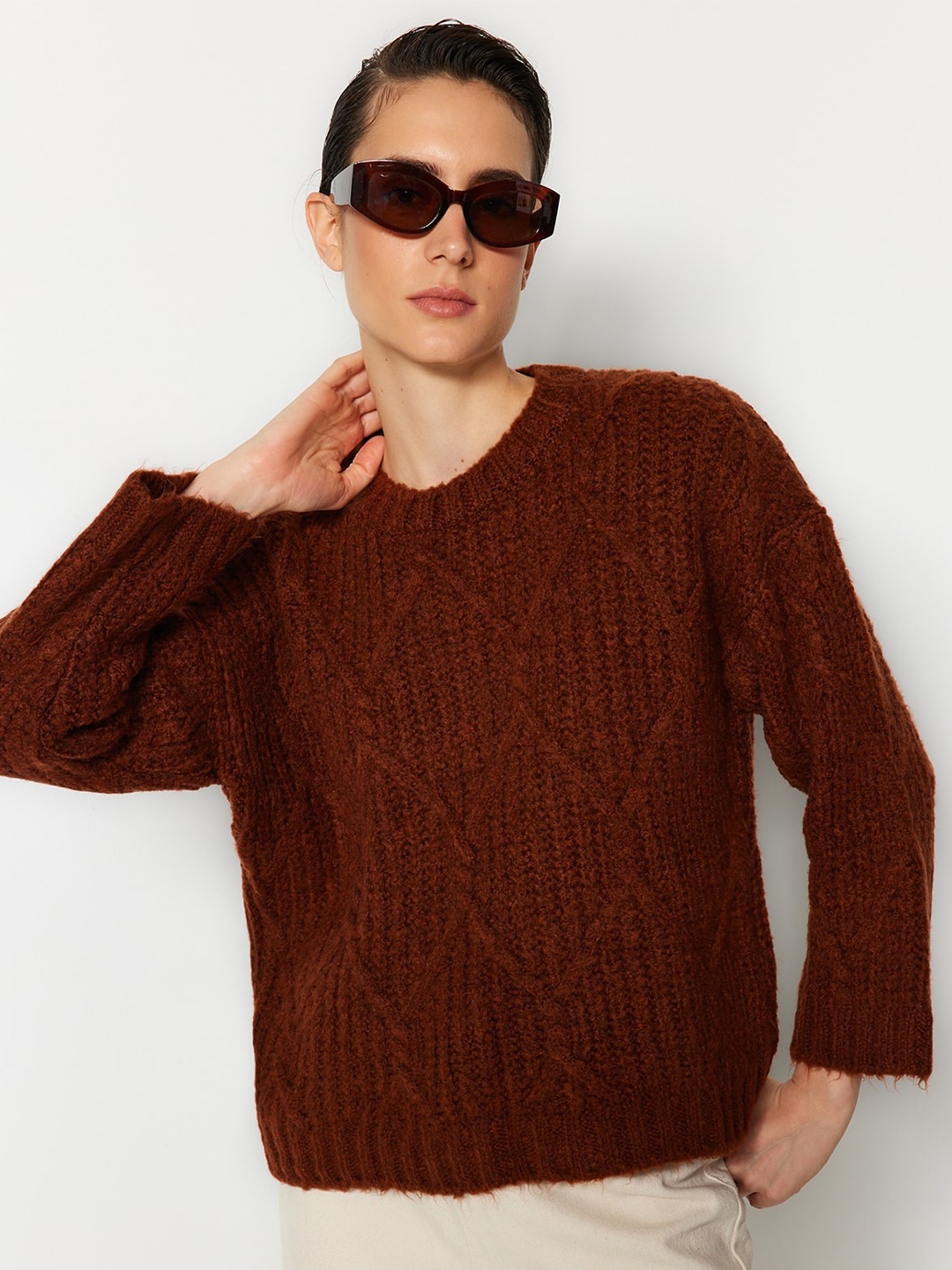 

Trendyol Self Design Cable Knit Pullover, Brown