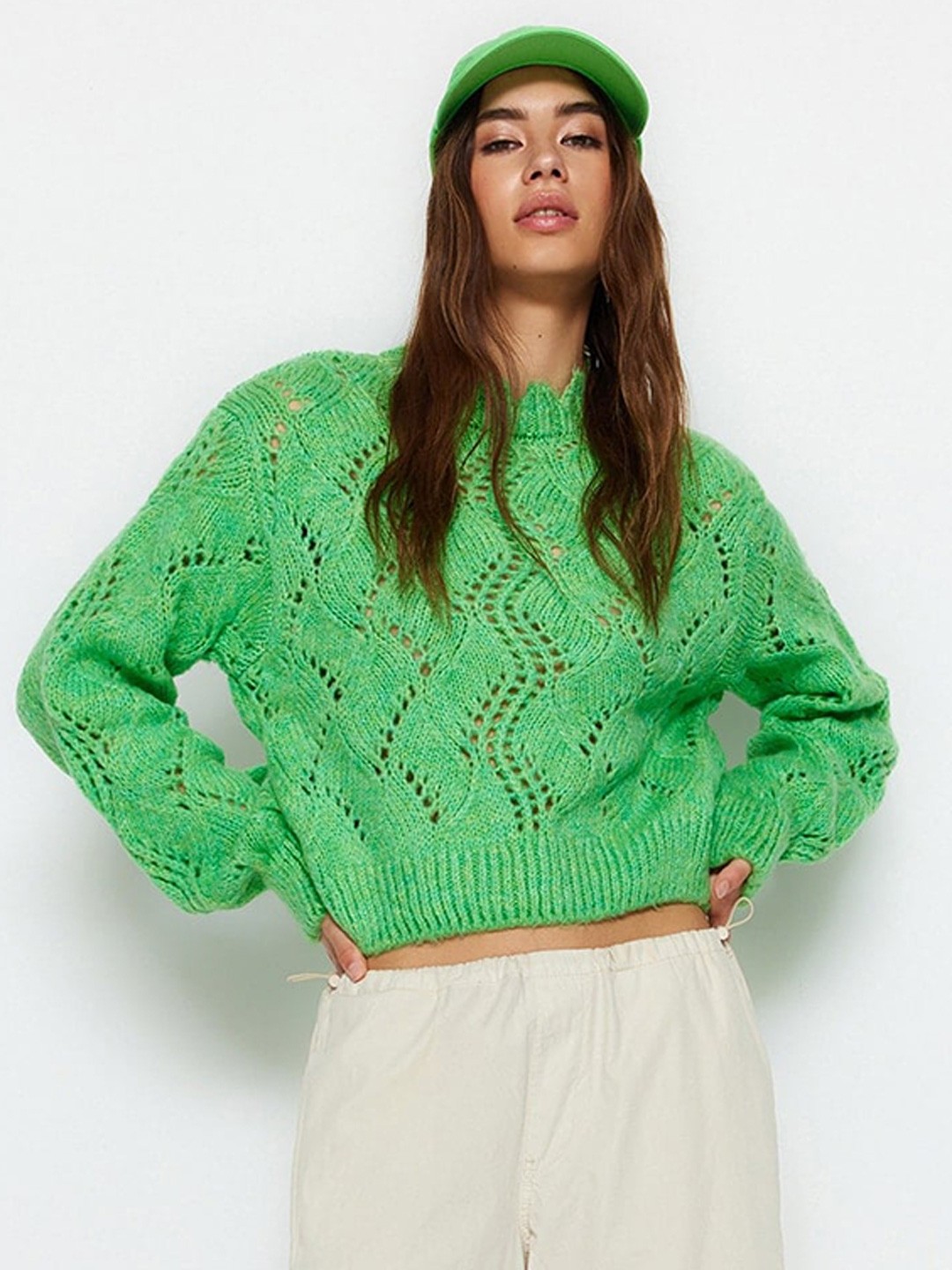 

Trendyol Self Design Round Neck Long Sleeve Acrylic Pullover Sweaters, Green