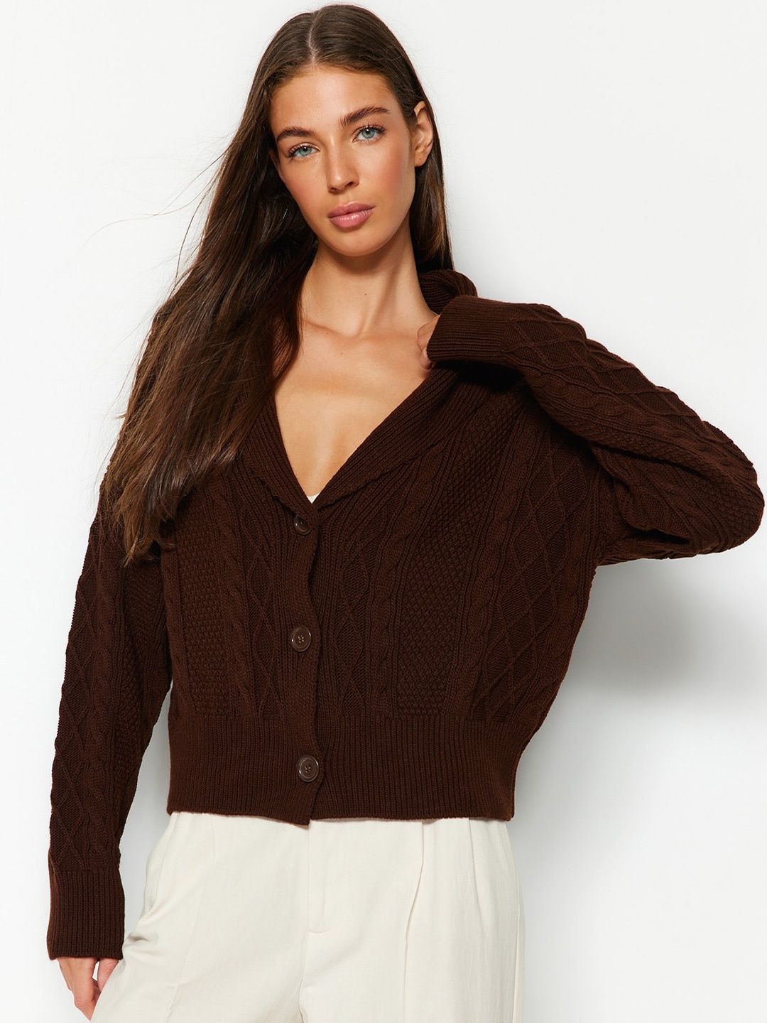 

Trendyol Self Design V-Neck Cable Knit Acrylic Sweater Vest, Brown