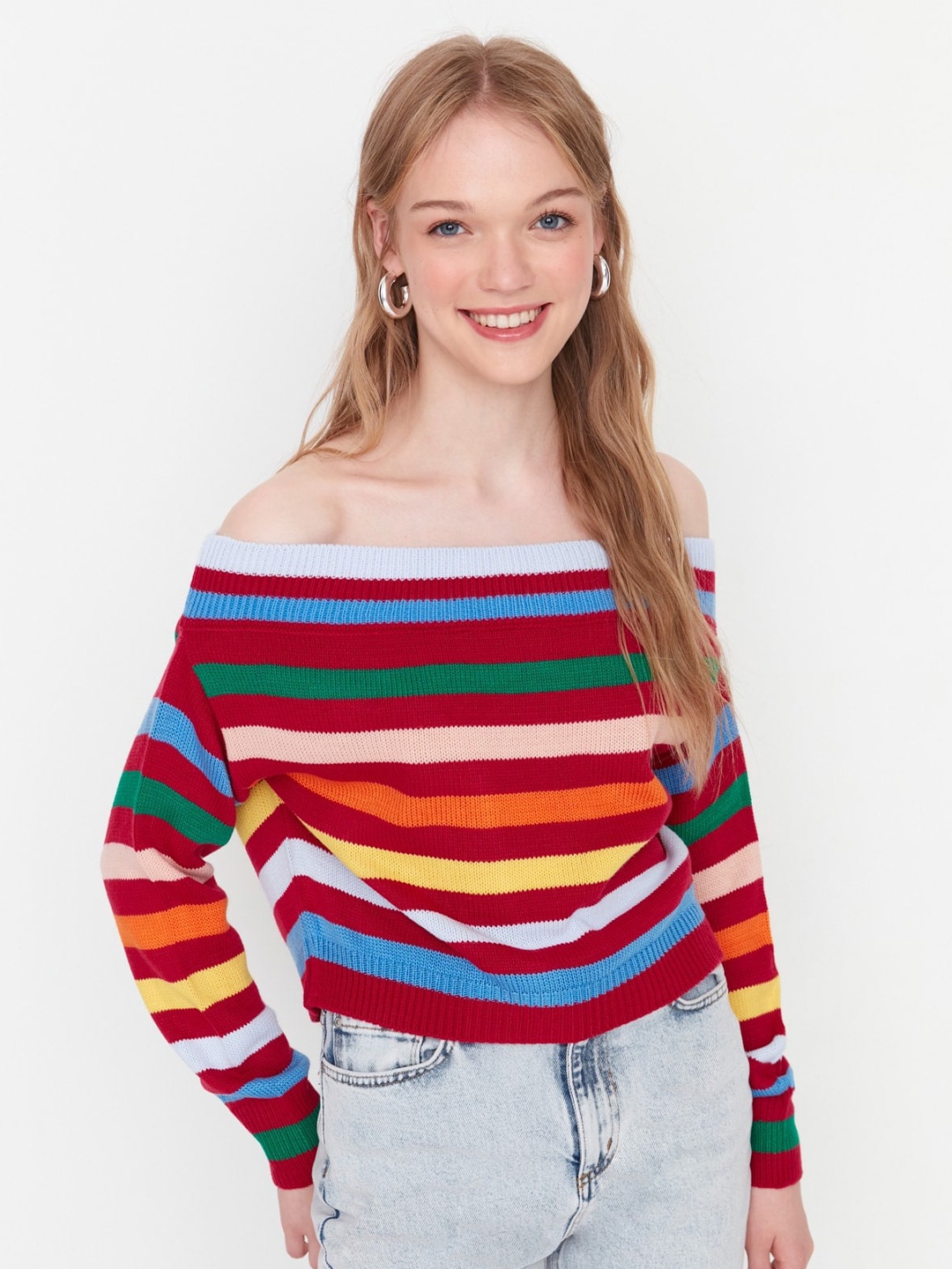 

Trendyol Striped Printed Off-Shoulder Long Sleeve Acrylic Pullover Sweaters, Red