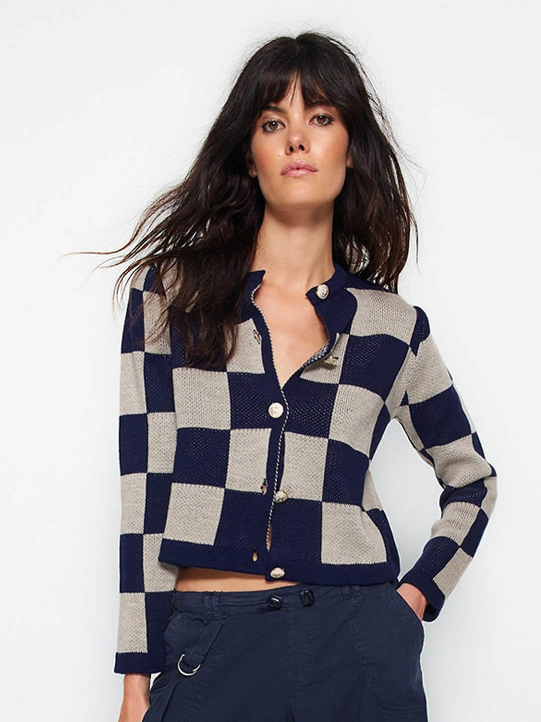 

Trendyol Checked Pure Acrylic Crop Cardigan, Navy blue