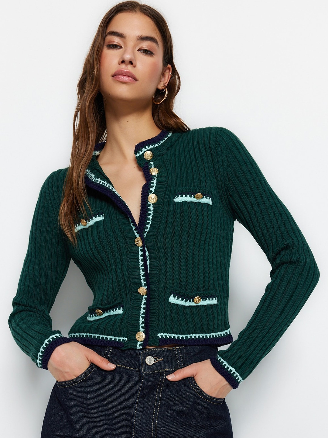 

Trendyol Ribbed Acrylic Cardigan Sweater, Green