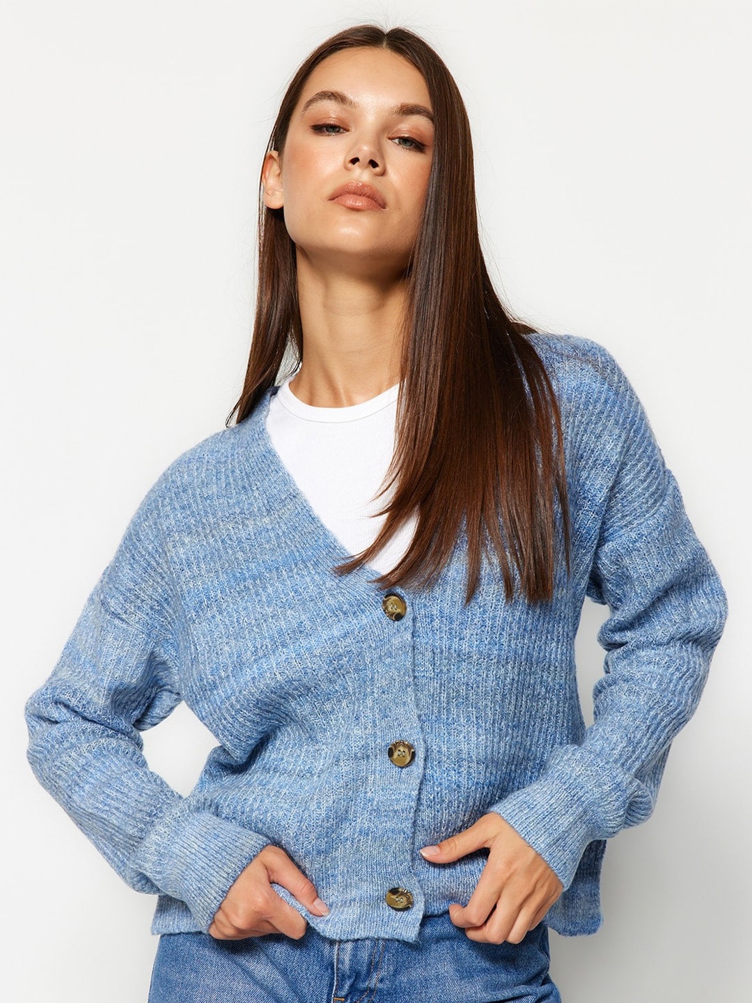 

Trendyol Ribbed V-Neck Crop Cardigan, Blue