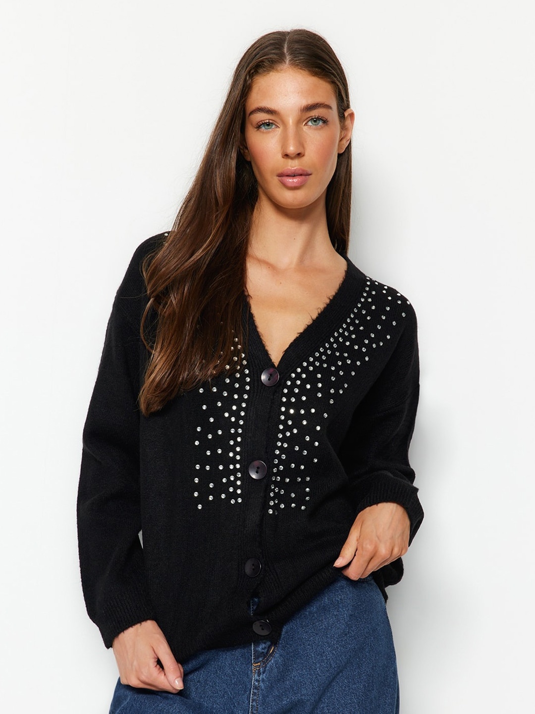 

Trendyol Acrylic Cardigan Sweater With Embellished Detail, Black