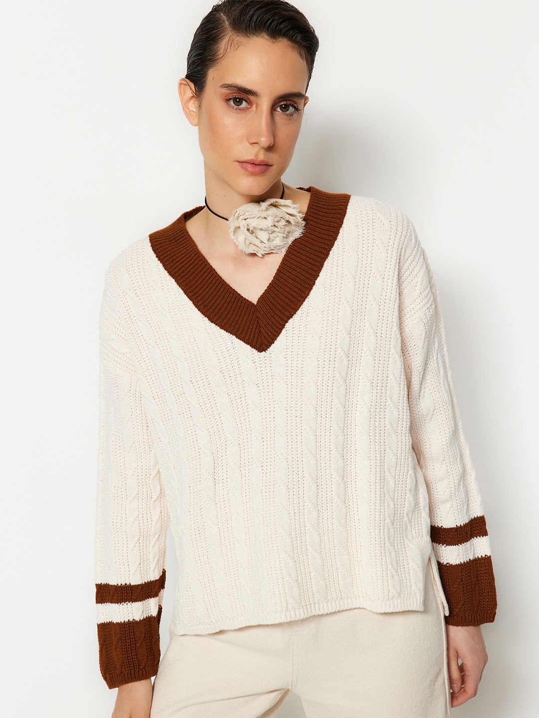 

Trendyol Cable Knit Acrylic Pullover Sweater, Beige