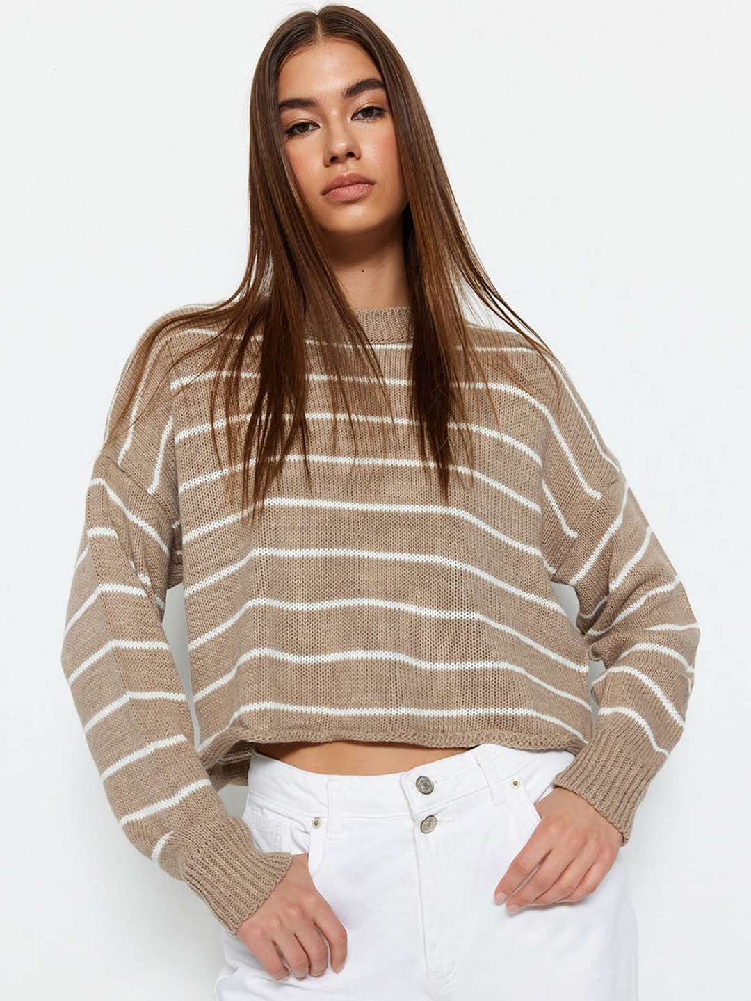 

Trendyol Striped Ribbed Pure Acrylic Crop Pullover, Beige