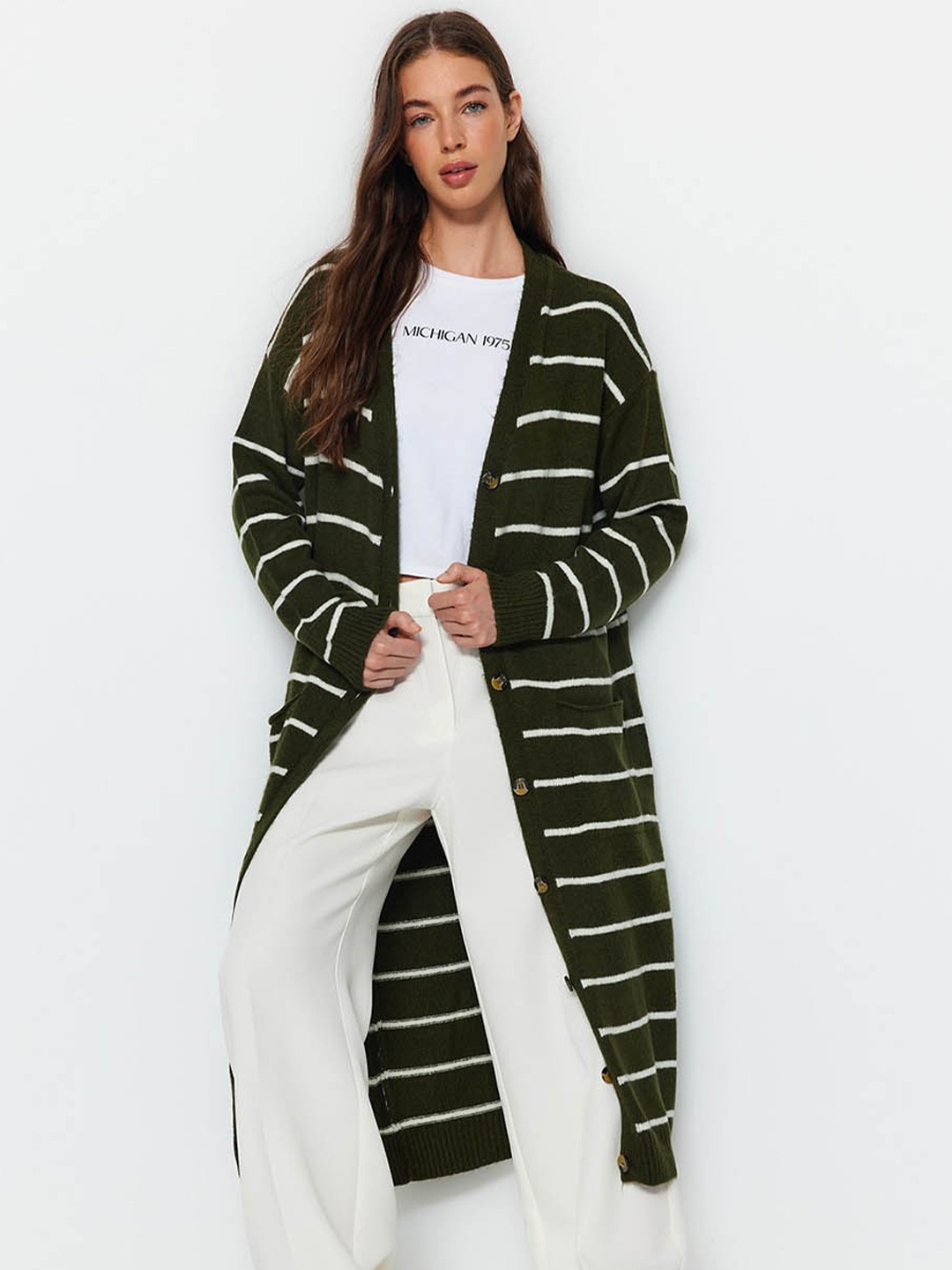 

Trendyol Striped V-Neck Longline Cardigan, Green