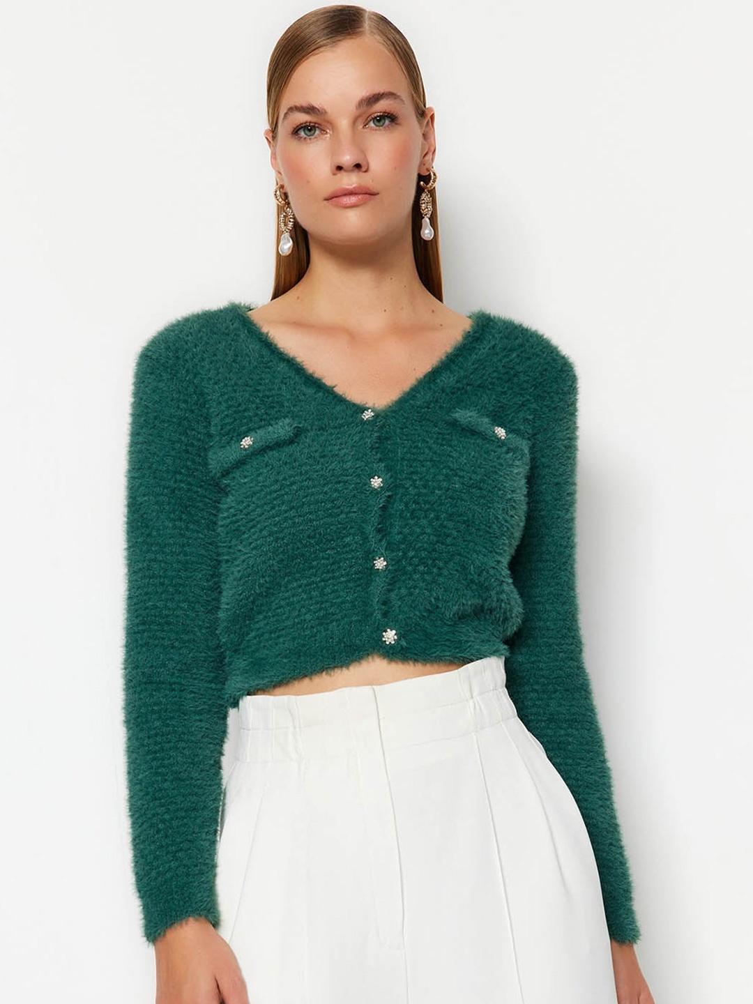 

Trendyol V-Neck Cable Knit Pure Acrylic Crop Cardigan Sweaters, Green