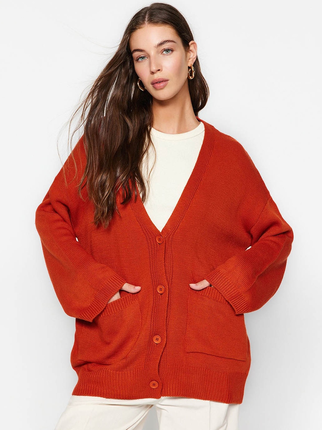 

Trendyol V- Neck Ribbed Acrylic Cardigan, Orange