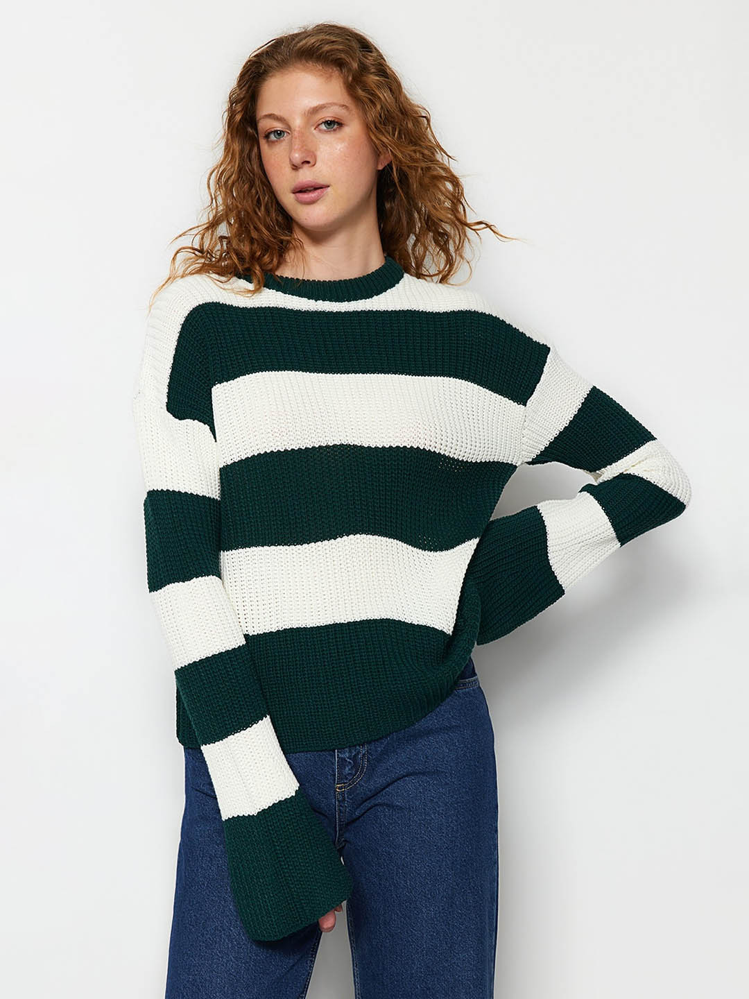 

Trendyol Striped Self Design Acrylic Pullover, Green