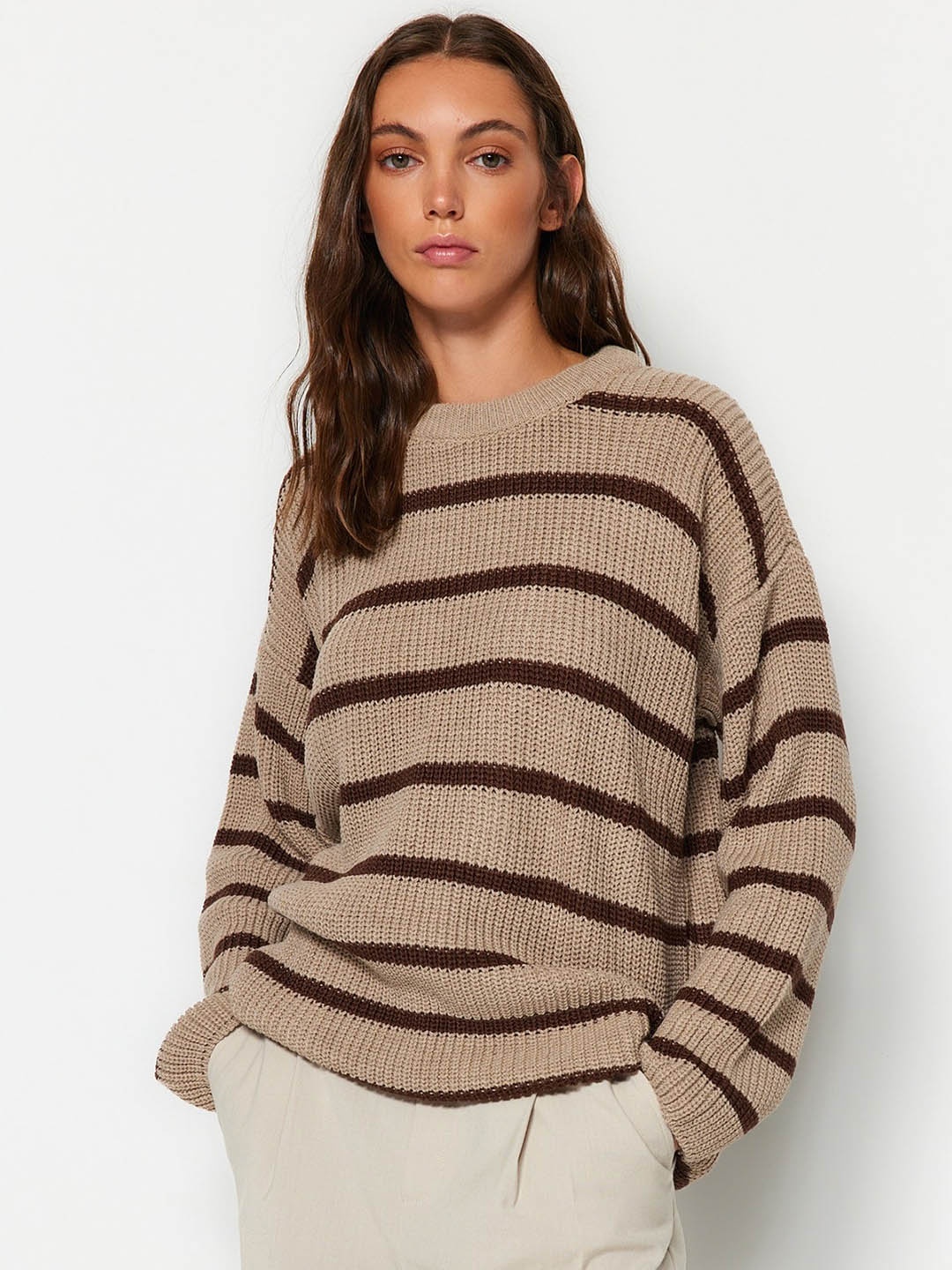 

Trendyol Striped Drop Shoulder Pullover, Beige