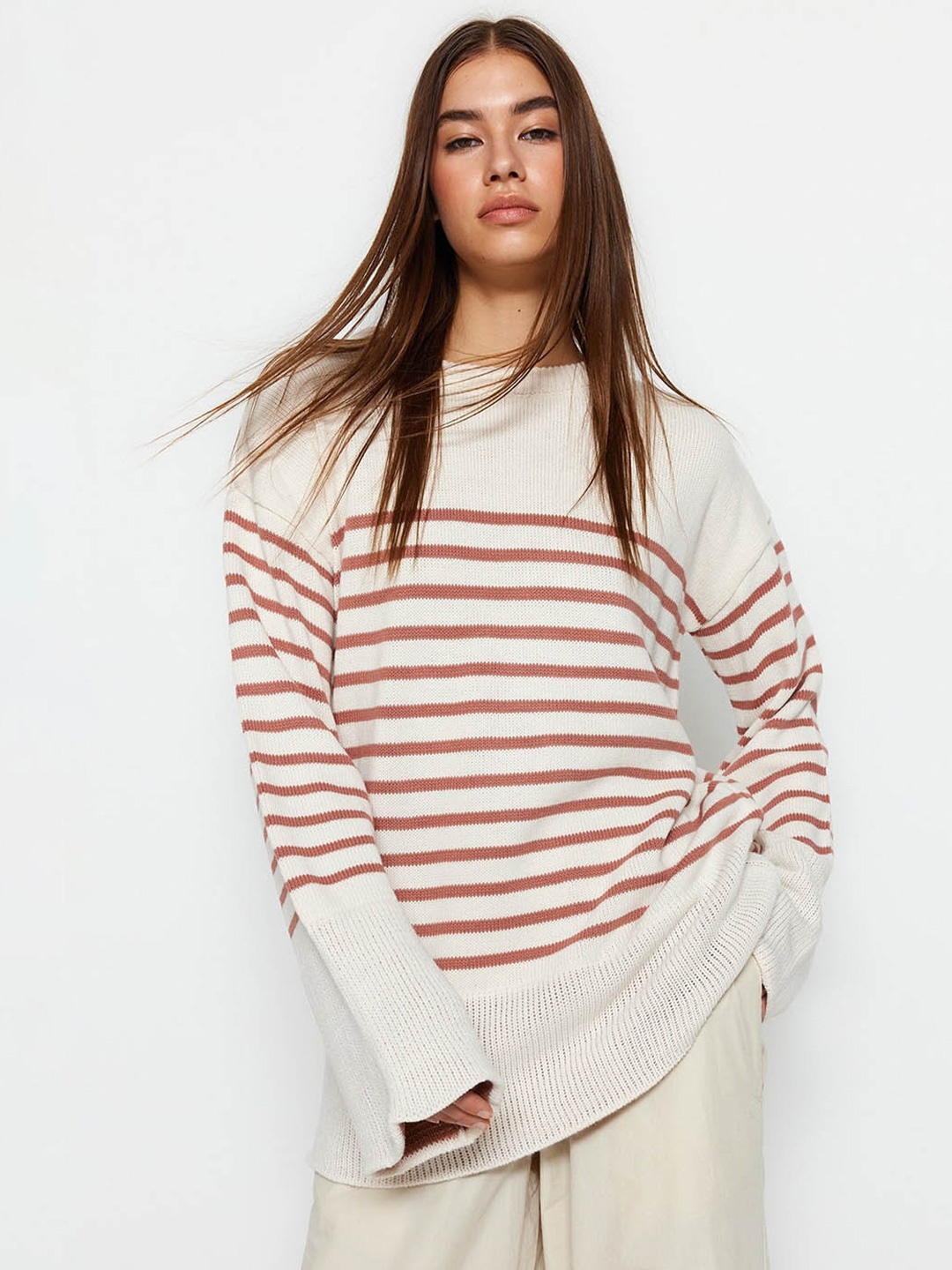 

Trendyol Striped Longline Acrylic Pullover, Beige