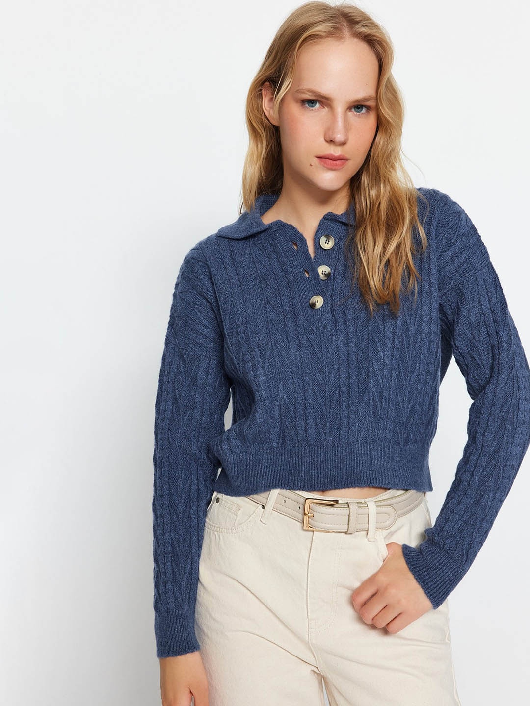 

Trendyol Self Designed Cable Knit Crop Pullover, Blue