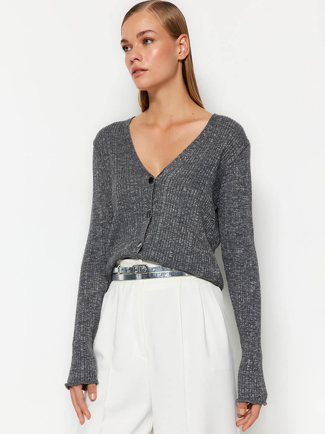 

Trendyol V-Neck Pure Acrylic Cardigan, Grey