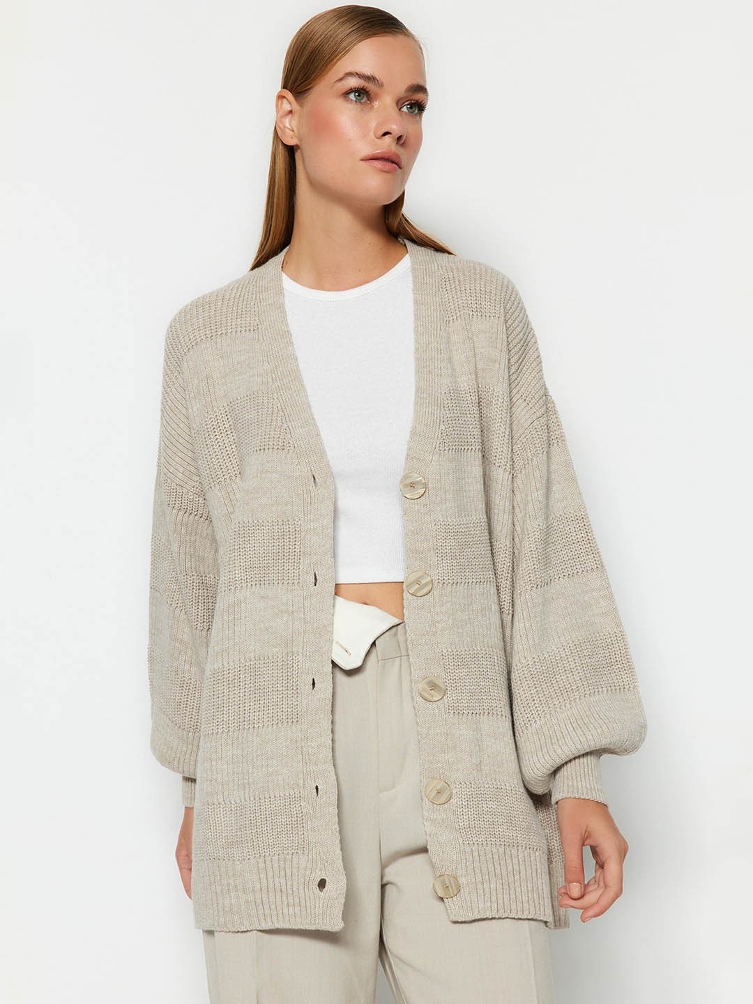 

Trendyol V- Neck Ribbed Longline Pullover, Beige