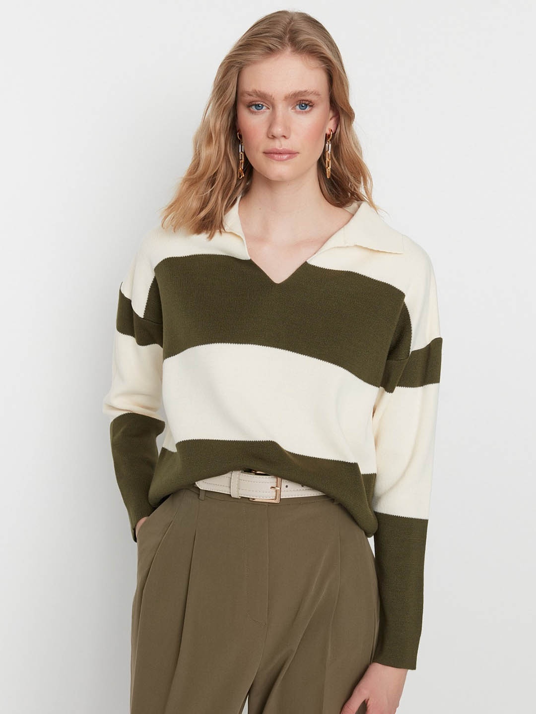 

Trendyol Striped Shirt Collar Acrylic Pullover, Green
