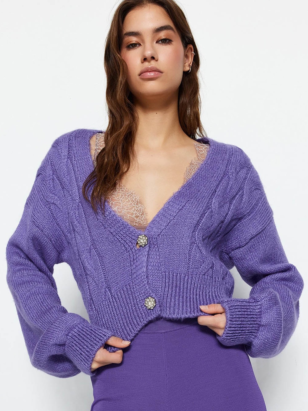 

Trendyol Cable Knit Self Design V-Neck Crop Cardigan Sweater, Purple