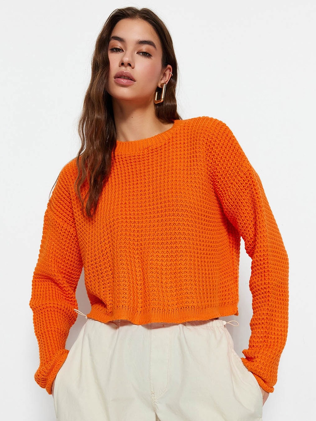 

Trendyol Cable Knit Ribbed Cropped Acrylic Pullover, Orange