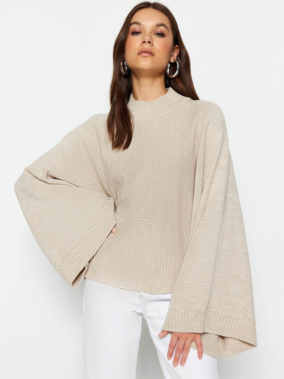 

Trendyol Ribbed Flared Sleeves Mock Collar Acrylic Pullover Sweater, Beige