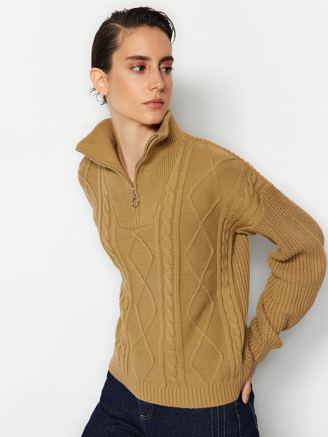 

Trendyol Cable Knit Turtle Neck Acrylic Pullover, Brown