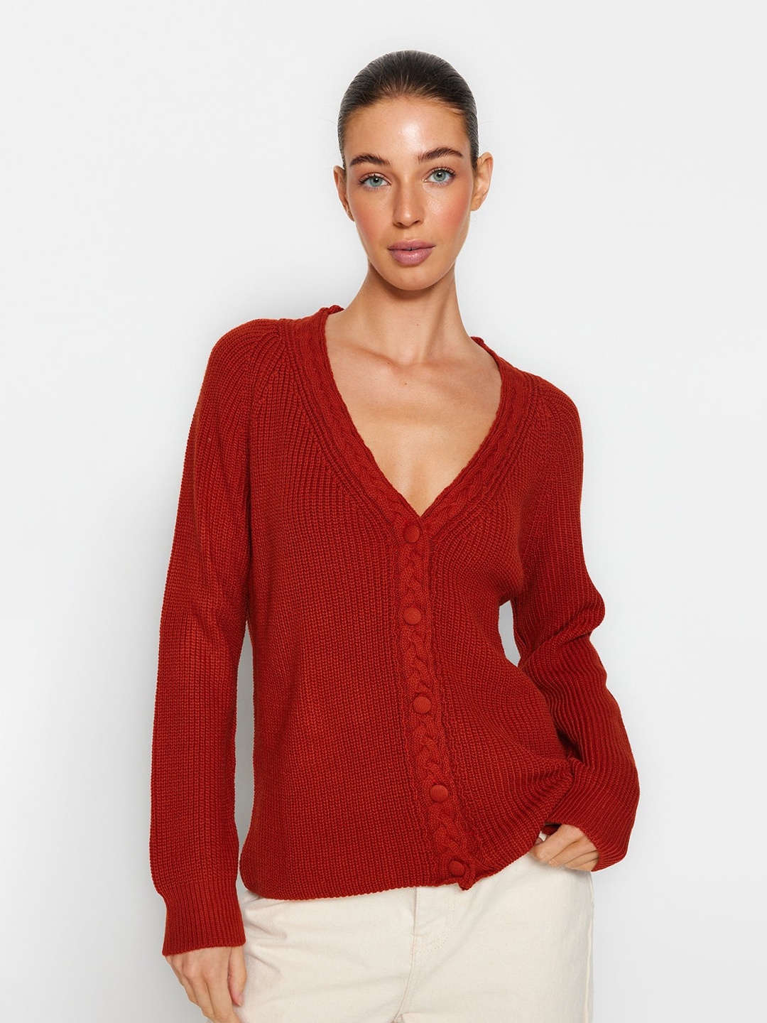 

Trendyol Self Design Cable Knit Acrylic Cardigan, Brown