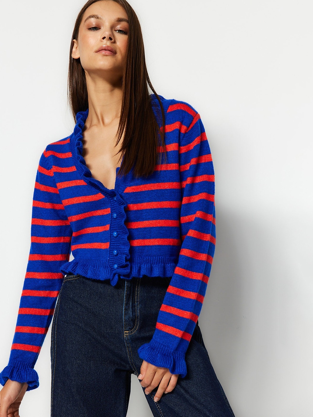 

Trendyol Striped Crop Acrylic Cardigan, Blue