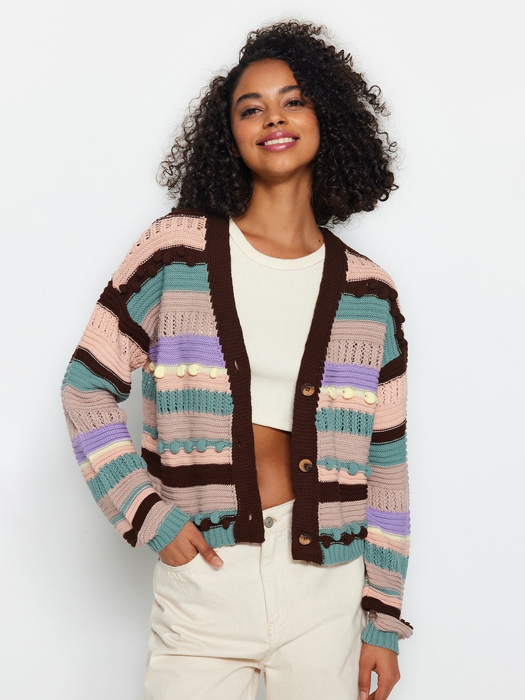 

Trendyol Striped Acrylic Cardigan, Pink