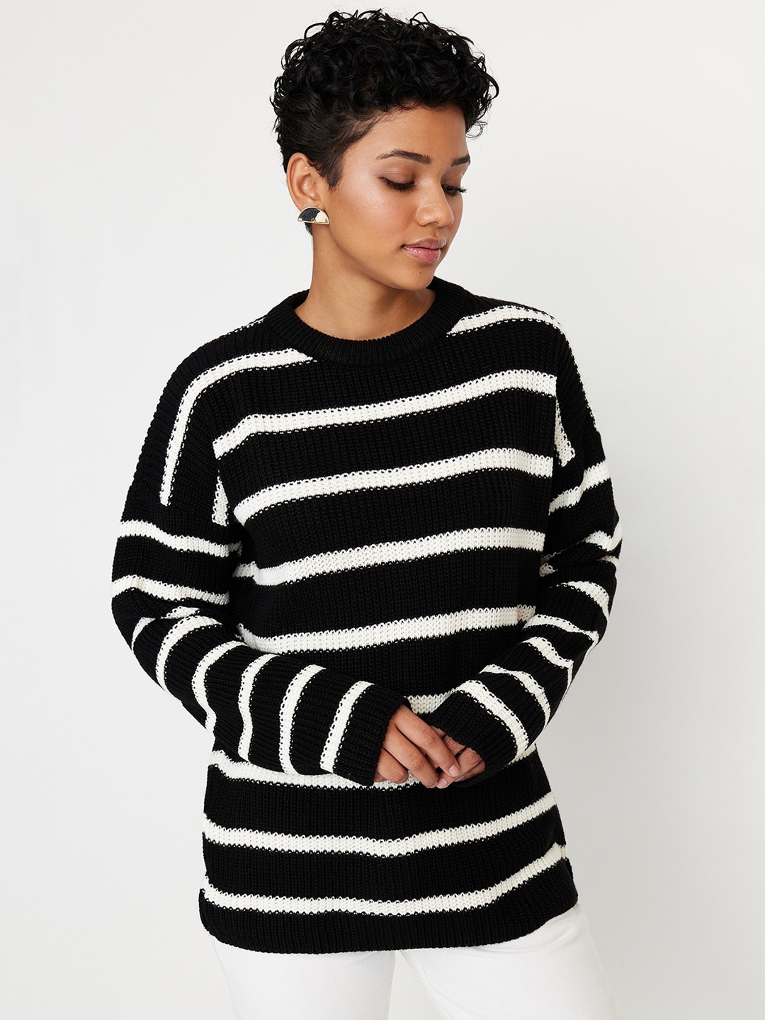 

Trendyol Striped Acrylic Pullover, Black