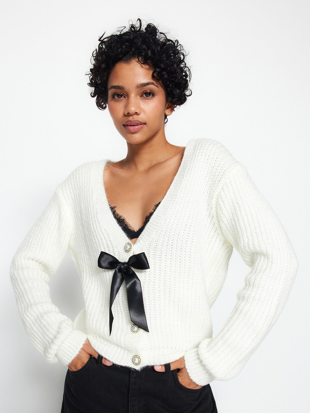 

Trendyol Cable Knit Acrylic Cardigan Sweater, White