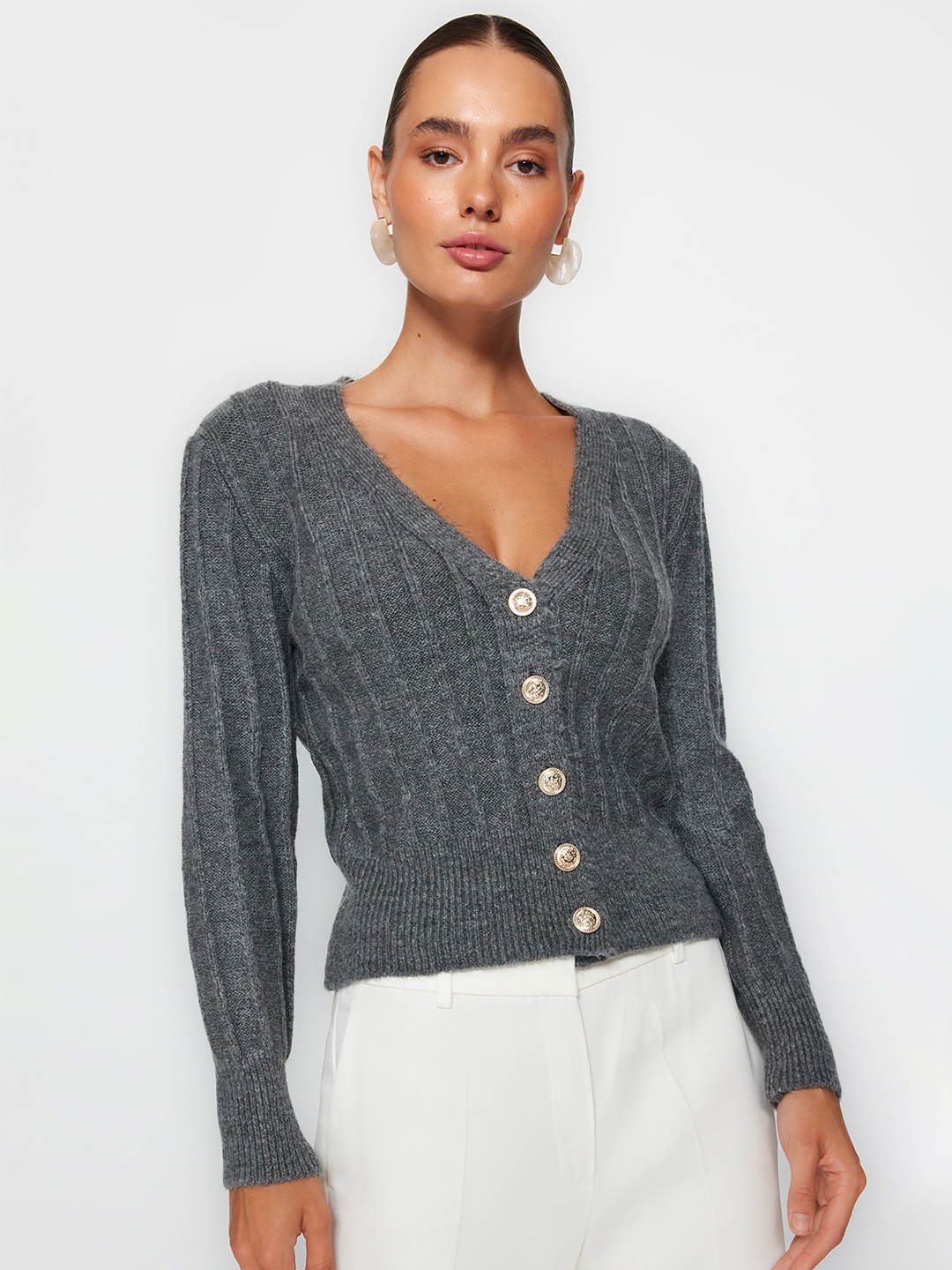 

Trendyol Cable Knit Acrylic Cardigan Sweaters, Grey
