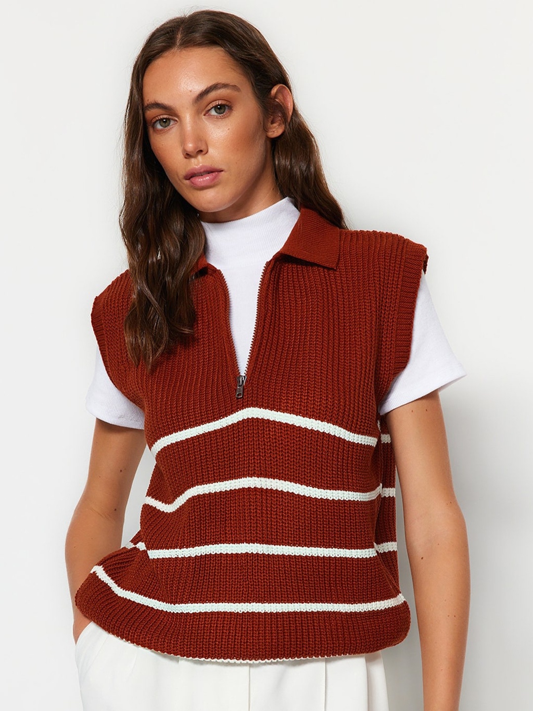 

Trendyol Striped Shirt Collar Sweater Vest, Brown