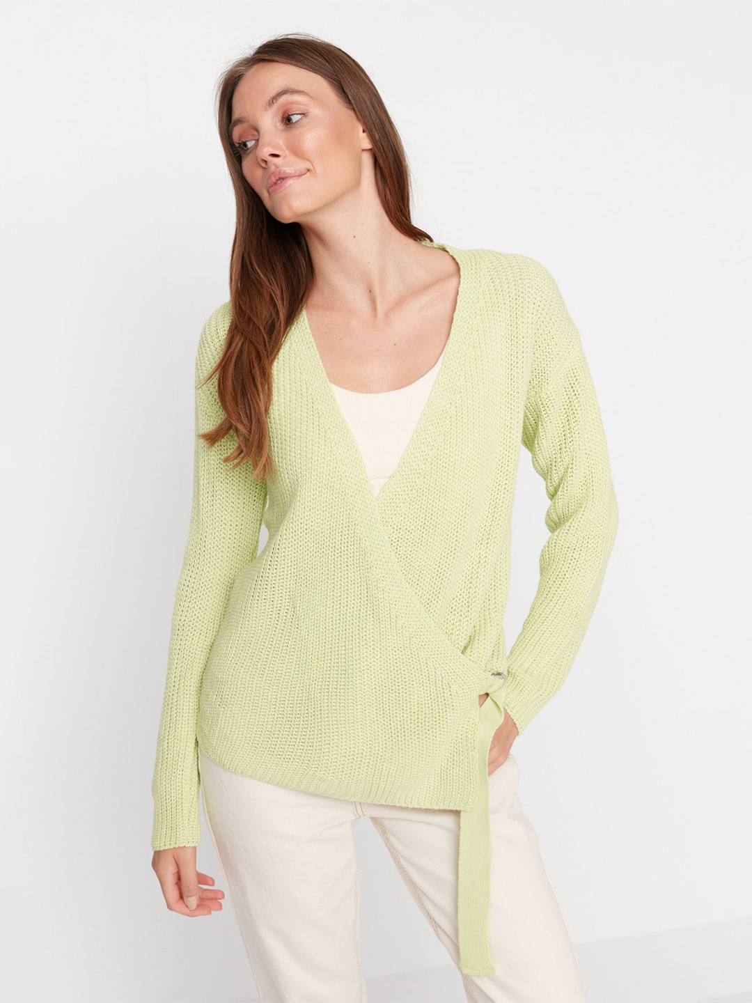 

Trendyol V-Neck Acrylic Cable Knit Pullover, Green