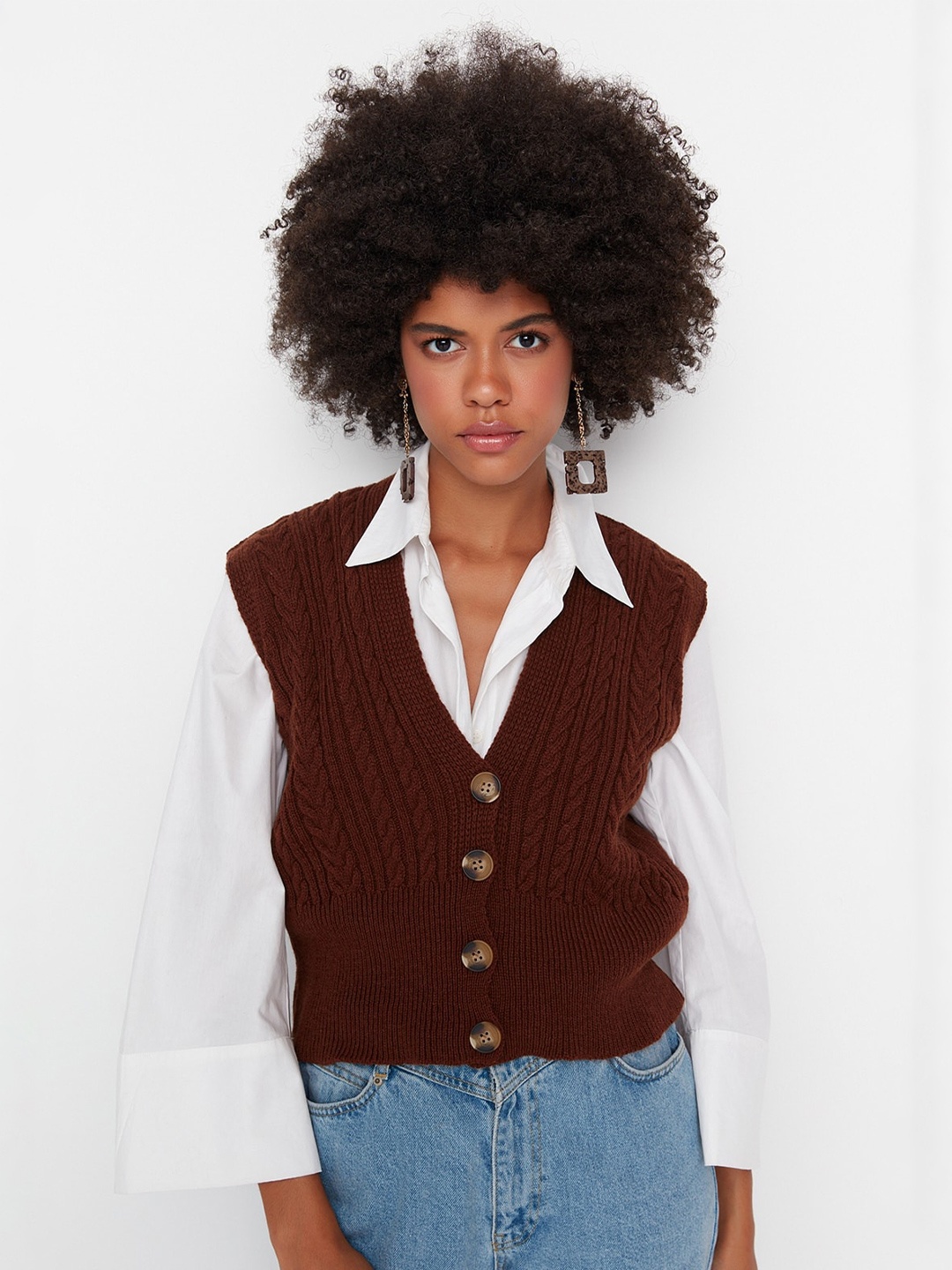 

Trendyol Self Designed Cable Knit V-Neck Sleeveless Cardigan, Brown