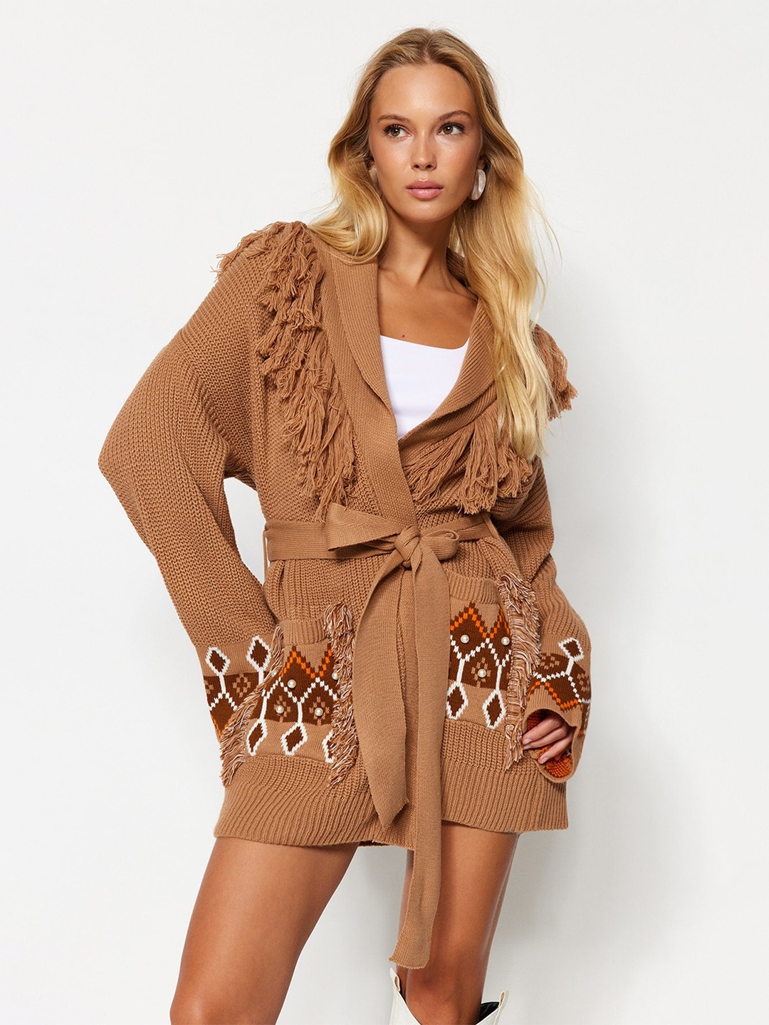 

Trendyol Self Design Longline Acrylic Front-Open Sweater, Brown
