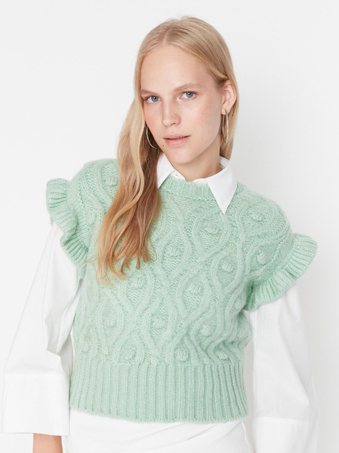 

Trendyol Cable Knit Self Design Crop Pullover Sweater, Green