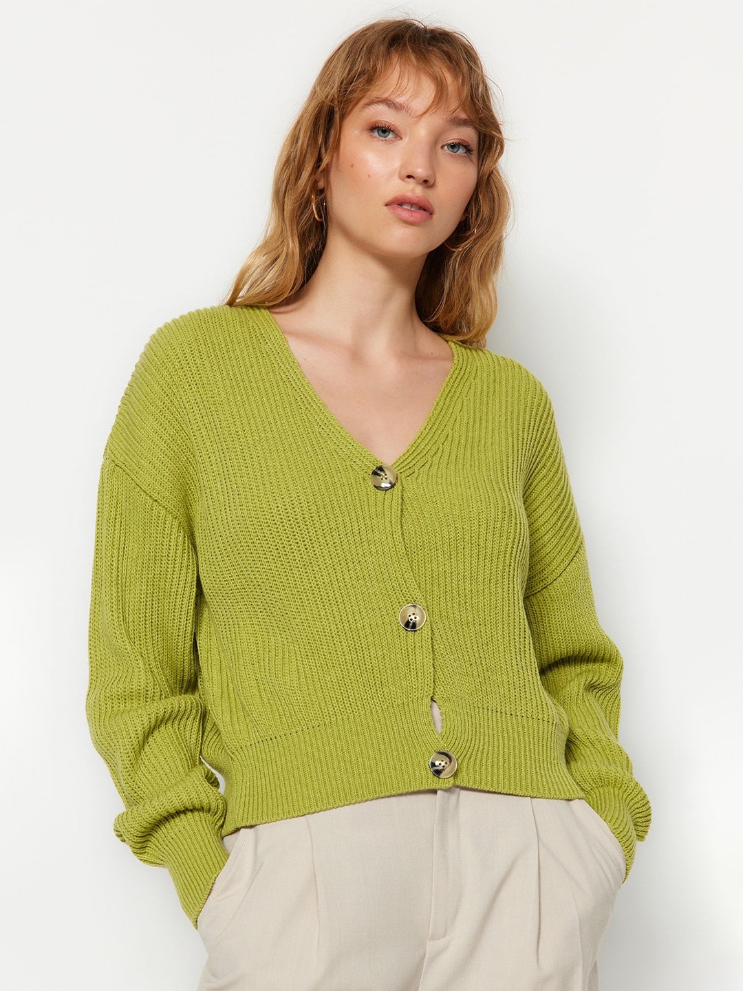 

Trendyol Ribbed Acrylic Cardigan Sweater With Crop Top, Green