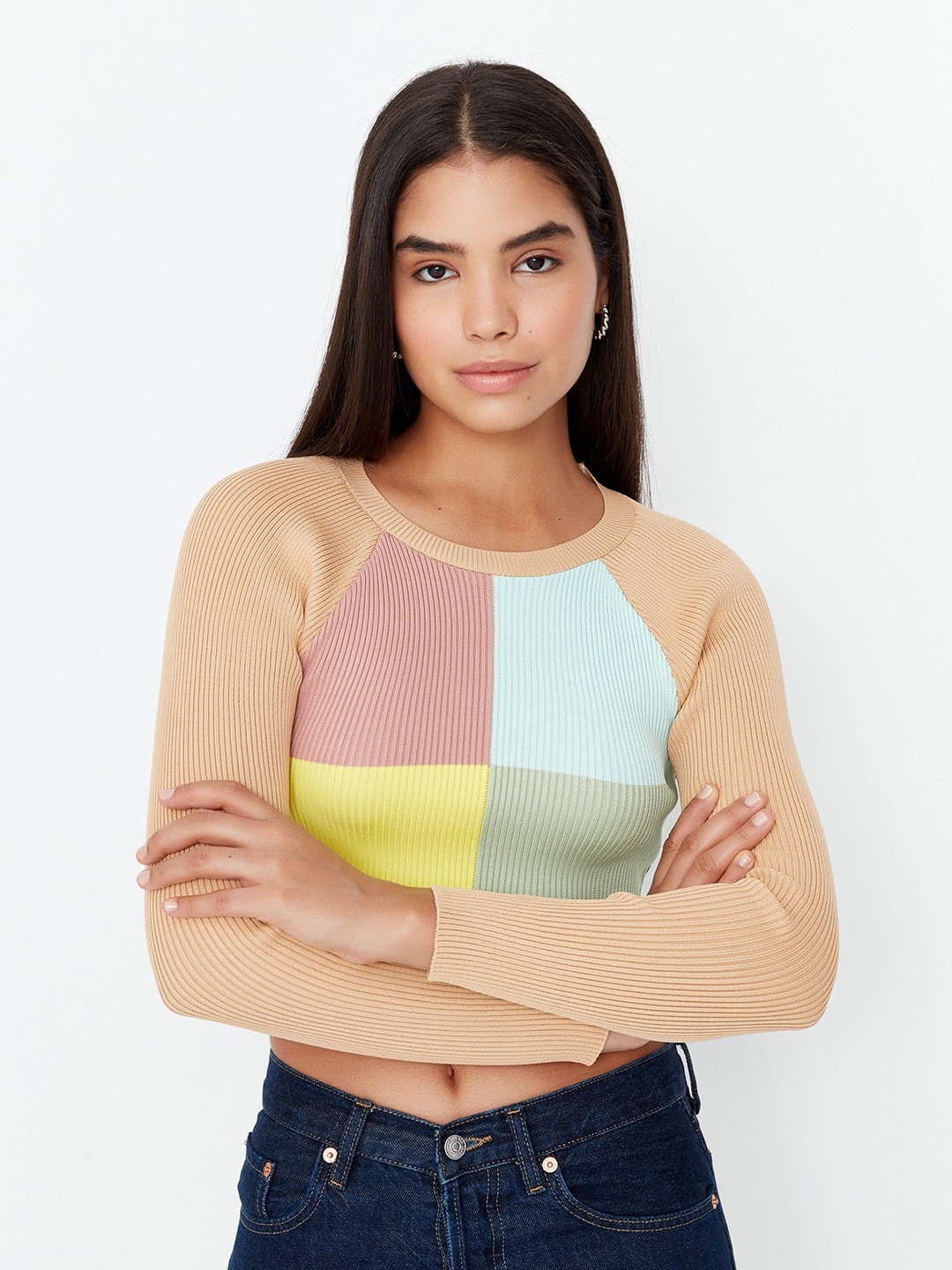 

Trendyol Colourblocked Crop Pullover Swetaer, Beige