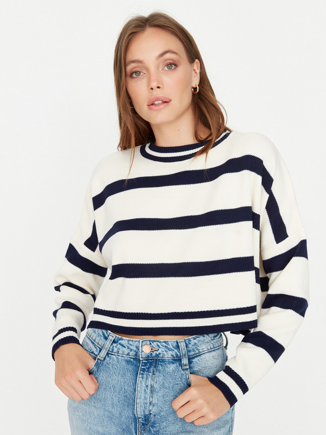 

Trendyol Striped Crop Acrylic Pullover Sweater, Black