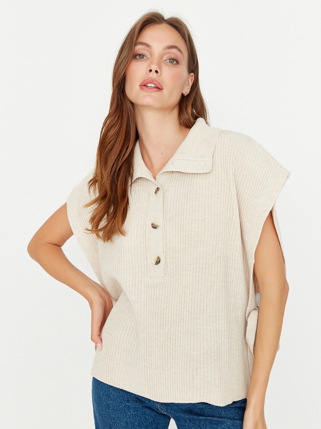 

Trendyol Ribbed Shirt Collar Acrylic Sweater Vest, Beige