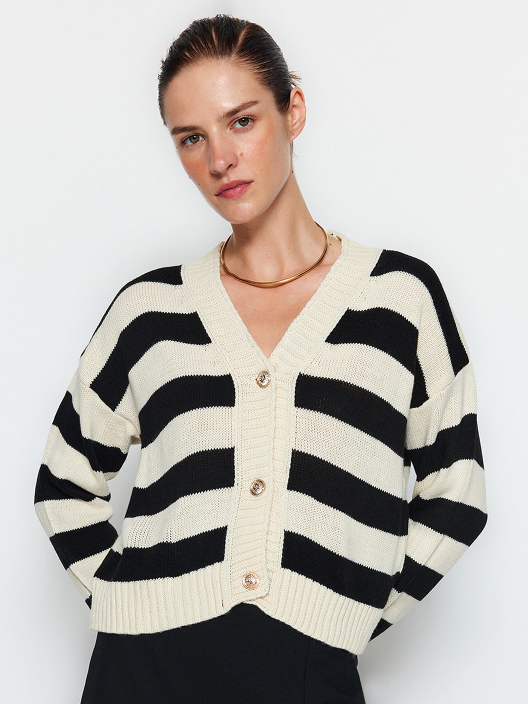 

Trendyol Striped V-Neck Acrylic Cardigan Sweater, Off white