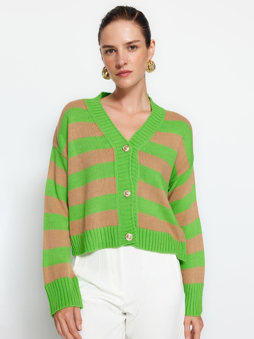 

Trendyol Striped V-Neck Acrylic Cropped Cardigan, Green